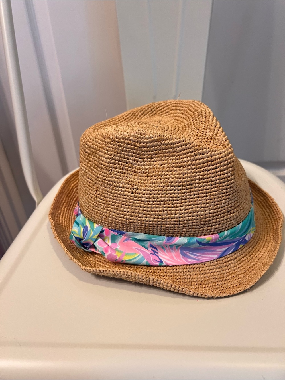 Lilly Pulitzer Tan Straw Fedora with Tropical Multicolor Band